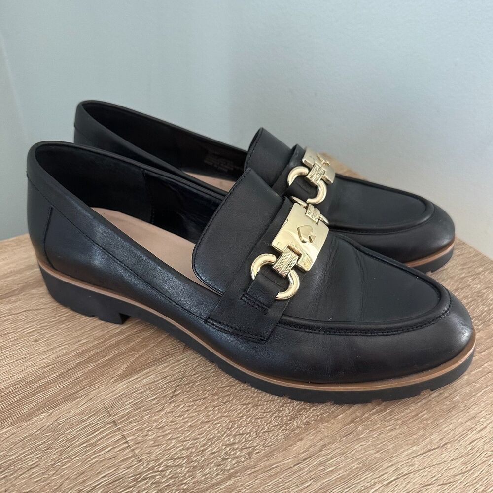 Kate Spade Women's Loafers Kolby Black Gold Leather Flat Shoes Size 9 M